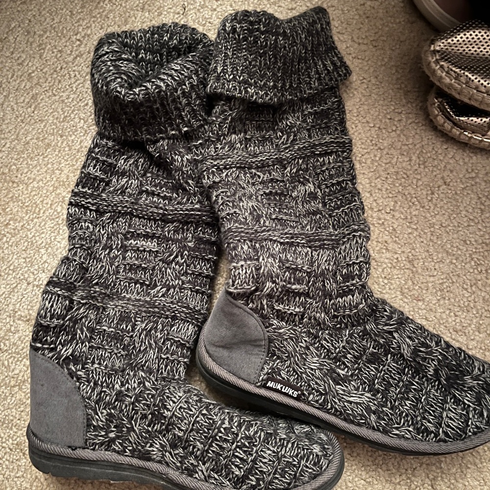 Muk Luks Black and Gray Knit Sweater Boots